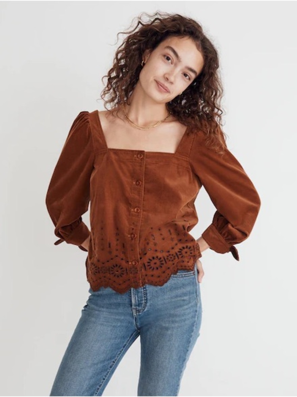 Madewell Embroidered Eyelet Corduroy Tie Sleeve Top Warm Coffee Medium